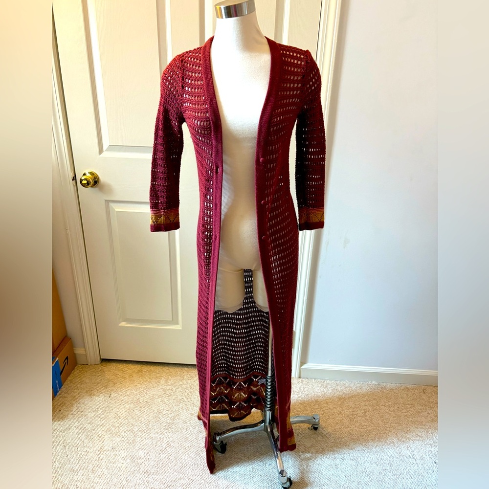 Casual Burgundy Open-Knit Long Maxi Cardigan Sz S